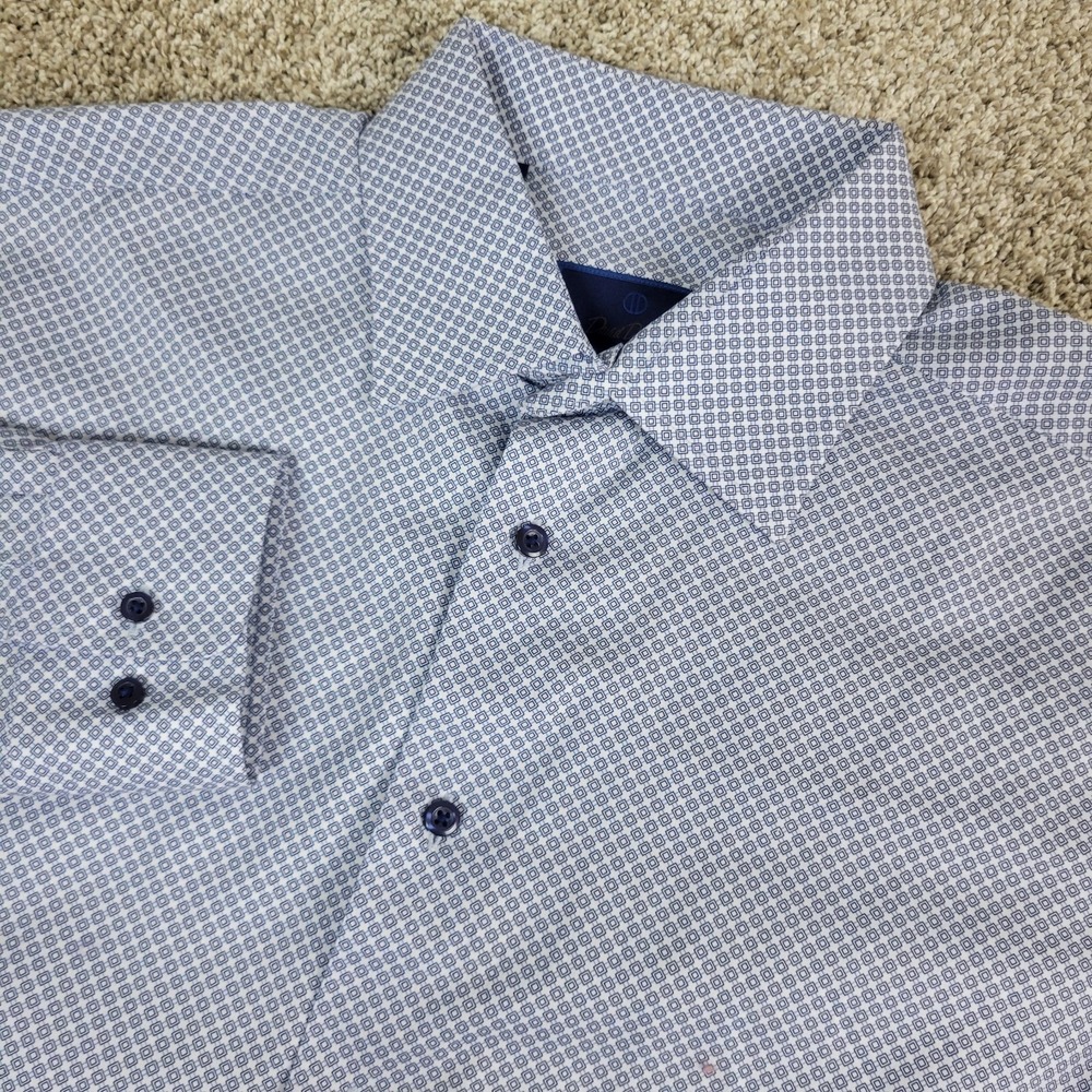 David Donahue Trim Mens 17-32/33 White Blue AOP Geometric Button Up Long Sleeve